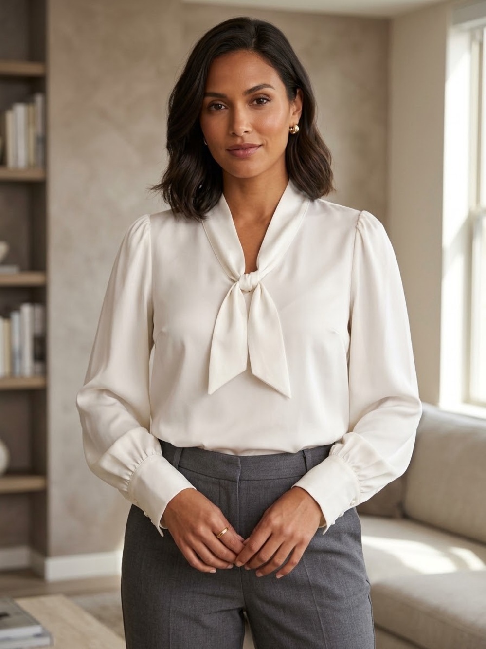 Elegant Cream to White Bow-Neck Long-Sleeve Top